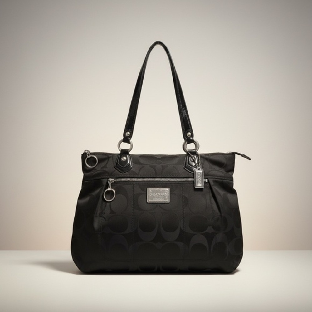 ✨ Coach Poppy Black Signature Tote Pink Satin Lining Patent Trim EUC
